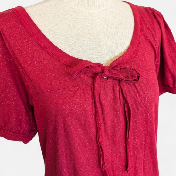 FANG Red Short Sleeve Metallic Tunic with Tie Neck Short Puff Sleeves BOHO Vamp - Picture 4 of 10